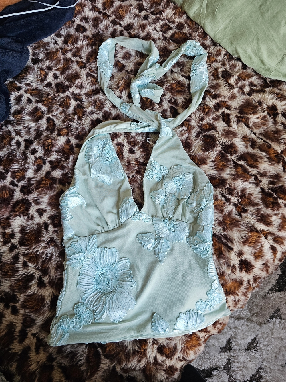 Milk + Honey Light Aqua Halter Top with Floral Ribbon Detail